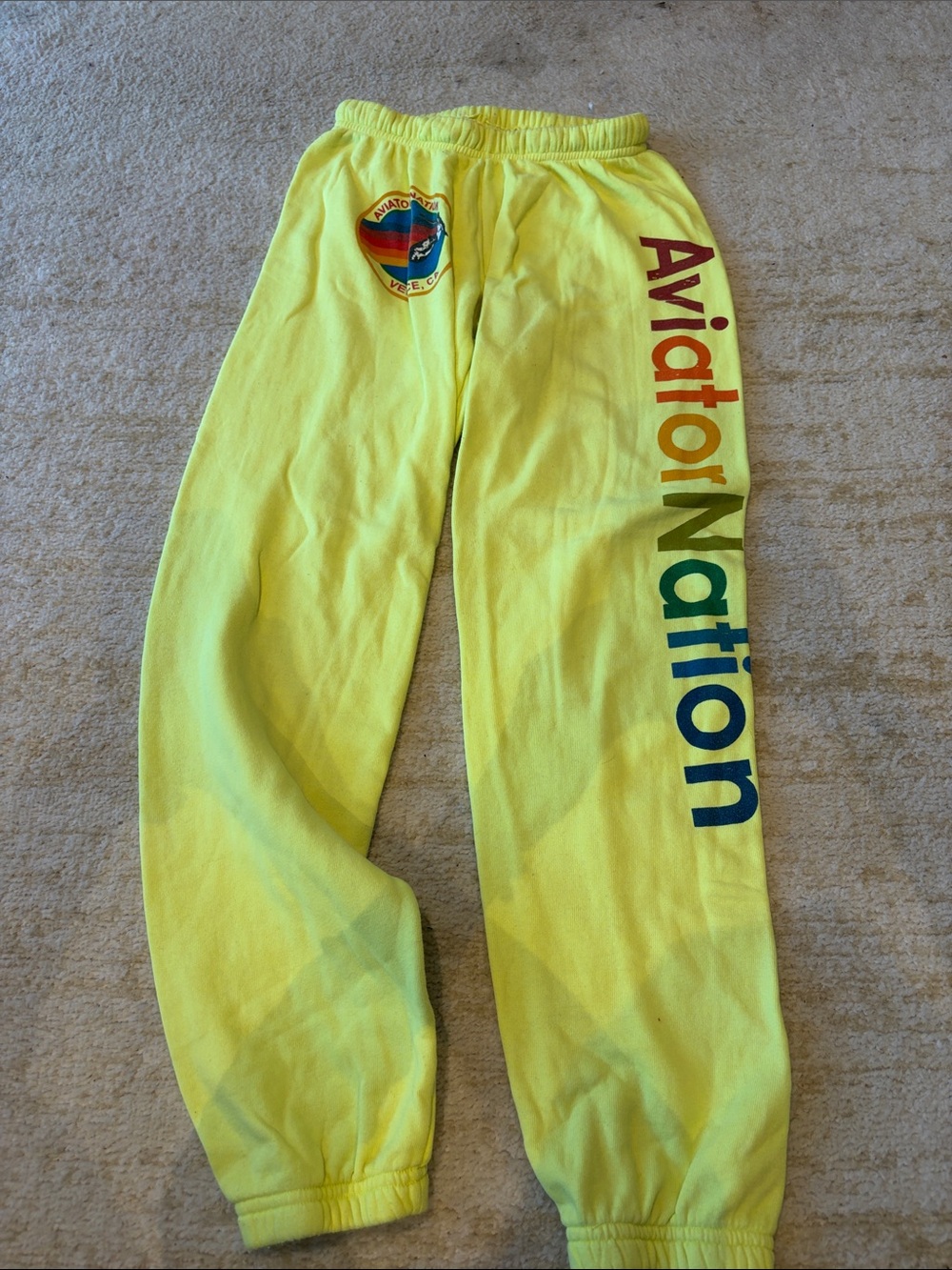 Aviator Nation Neon Yellow Sweatpants with Rainbow Side Logo
